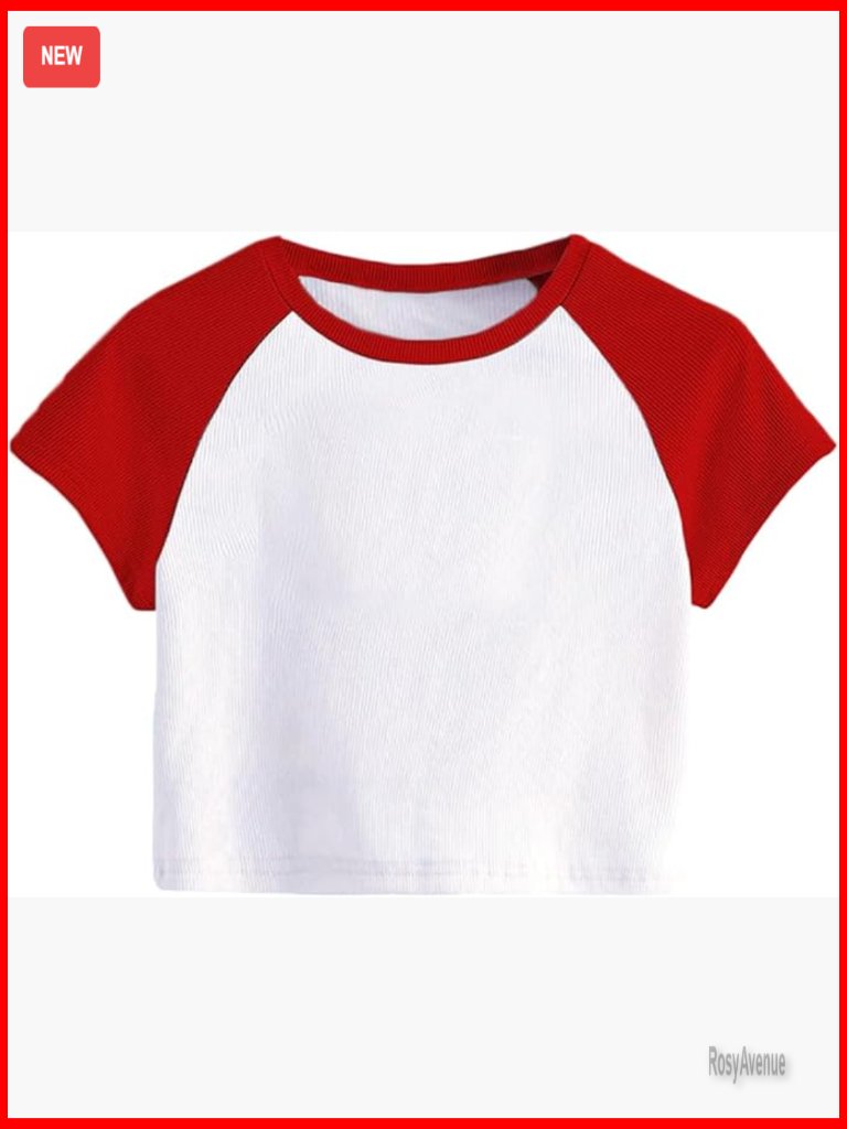 Rib Knit Fitted Crop Top Raglan Sleeve Crew Neck Summer Tee